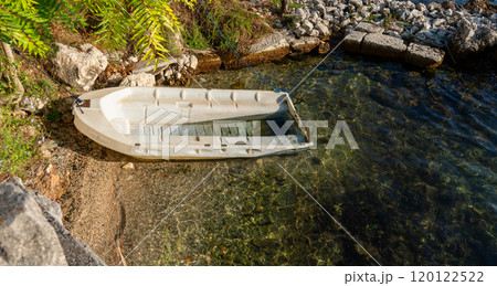 A small boat rests by the rocky shoreline, surrounded by clear water and lush greenery, capturing a peaceful lakeside scene. 120122522