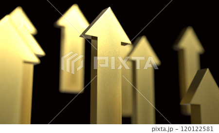 The gold arrow up on black background  3d rendering. 120122581