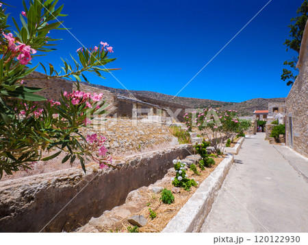 ピンクの花が咲く遺跡内の通路 (ギリシャ、クレタ島、スピナロンガ) ピンクの花が咲く遺跡内の通路 (ギリシャ、クレタ島、スピナロンガ) 120122930