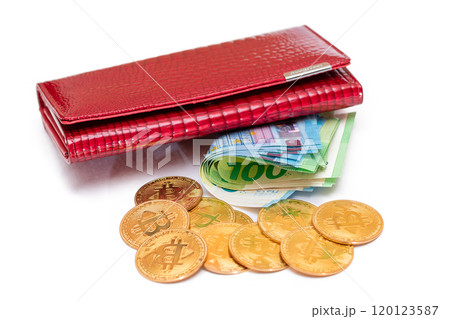 Red Leather Women Purse with Different Euro Banknotes and Bitcoin Coins Red Leather Women Purse with Different Euro Banknotes and Bitcoin Coins 120123587