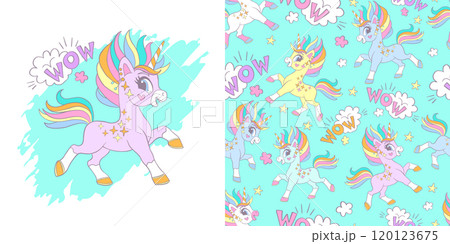 Cute cool unicorn illustration and seamless pattern vector set 120123675