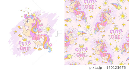 Cute unicorn illustration in dress and seamless pattern vector 120123676
