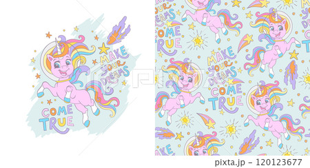 Happy unicorn astronaut illustration and seamless pattern vector 120123677