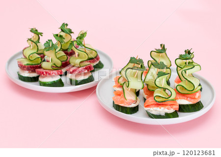 Canapes without Bread with Fresh Salmon, Salami, Cucumber, Greens and Cream Cheese 120123681