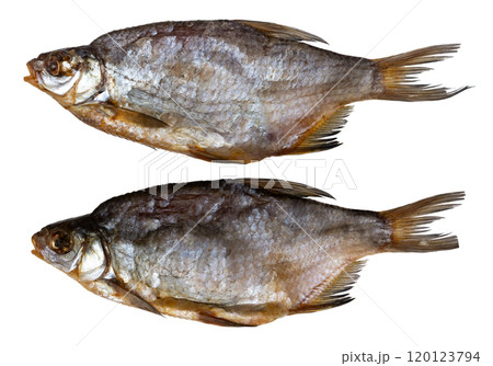 A photo of dried roach fish isolated on a white background. Salted fish A photo of dried roach fish isolated on a white background. Salted fish 120123794