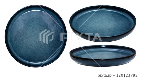 A beautiful blue porcelain plate isolated on a white background. Photo from different angles. A beautiful blue porcelain plate isolated on a white background. Photo from different angles. 120123795