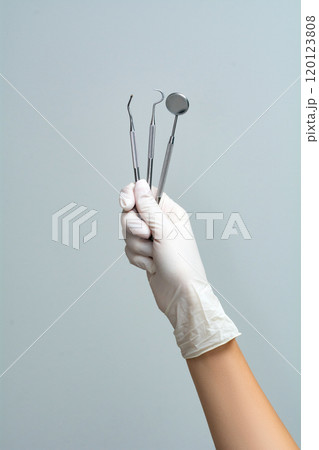 A female doctor's hand in a glove holds dental instruments on a gray background. A female doctor's hand in a glove holds dental instruments on a gray background. 120123808