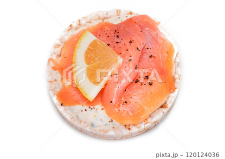 Rice Cake Sandwich with Fresh Salmon and Lemon - Isolated on White 120124036