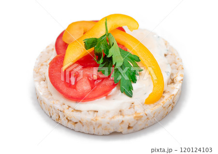 Vegan Rice Cake Sandwich with Fresh Tomato, Yellow Paprika and Greens - Isolated 120124103