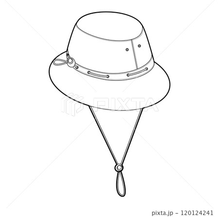 Boonie Bucket Hat with Cord Stopper. Summer Head Fashion accessory cap clothing technical illustration. Vector 120124241
