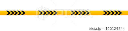 Caution tape with black and orange chevron print. Warning barrier in quarantine site, construction work area or crime scene. Restricted, hazard, warn or forbidden sign. Vector flat illustration 120124244