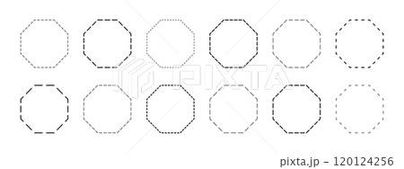Octagon or honeycomb shapes with dashed lines. Dotted geometric figures isolated on white background. Cut here pictograms. Vector outline illustration Octagon or honeycomb shapes with dashed lines. Dotted geometric figures isolated on white background. Cut here pictograms. Vector outline illustration 120124256