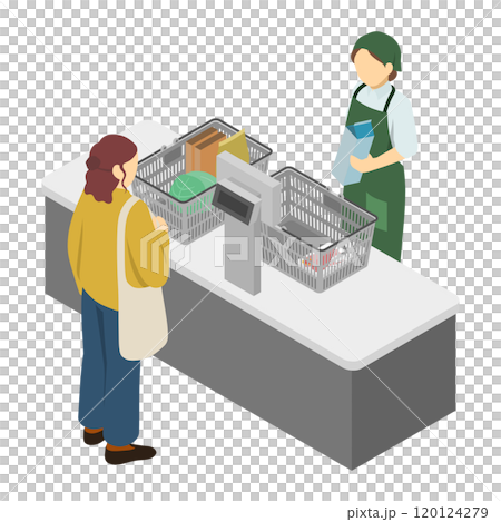 Isometric illustration: supermarket clerk and customer 120124279