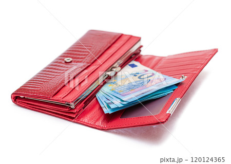 Opened Red Women Purse with 20 Euro Banknotes Inside - Isolated on White Opened Red Women Purse with 20 Euro Banknotes Inside - Isolated on White 120124365