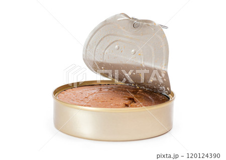 Opened Tin Can with Chicken Liver Pate Isolated on White Background Opened Tin Can with Chicken Liver Pate Isolated on White Background 120124390