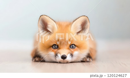 A cute, curious fox lying on the floor with captivating blue eyes and a fluffy orange coat A cute, curious fox lying on the floor with captivating blue eyes and a fluffy orange coat 120124627