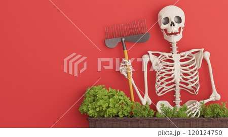 A playful skeleton gardener holding a rake, surrounded by vibrant plants against a bright red background 120124750