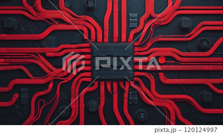 Abstract close-up of intricate circuitry with red lines on a dark background Abstract close-up of intricate circuitry with red lines on a dark background 120124997