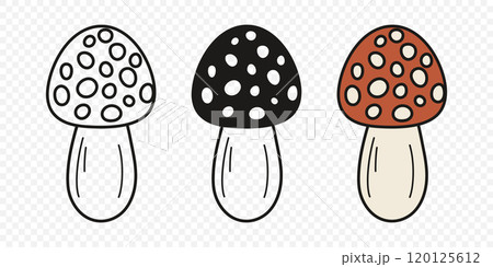 Flat Vector Hand Drawn Cartoon Fly Agaric Mushrooms Outline Illustration. Amanita Muscaria, Fly Agaric Illustration, Mushrooms. Magic Mushroom Icons, Design Template 120125612