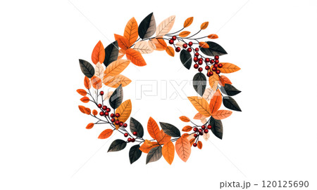 Autumn wreath with colorful leaves and berries, white background. 120125690