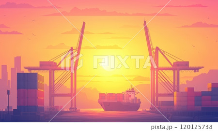 Cargo ship docked at port during vibrant sunset.のイラスト素材 [120125738] - PIXTA