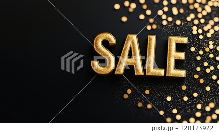 Gold SALE letters with shining glitter on black background. 120125922