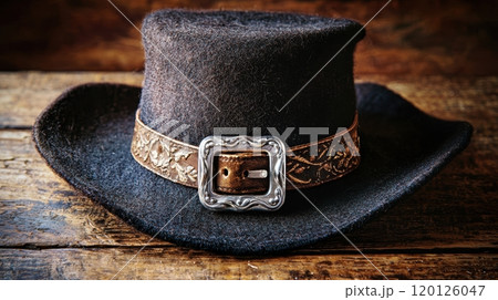 Stylish cowboy hat on rustic wood background.のイラスト素材 [120126047] - PIXTA