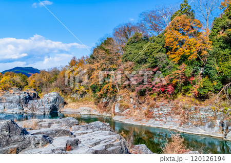 埼玉・長瀞渓谷 紅葉に染まる岩畳と荒川の渓流 埼玉・長瀞渓谷 紅葉に染まる岩畳と荒川の渓流 120126194