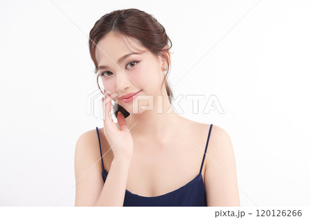 Beautiful young asian woman with clean fresh skin on white background, Face care, Facial treatment, Cosmetology, beauty and spa, Asian women portrait. Beautiful young asian woman with clean fresh skin on white background, Face care, Facial treatment, Cosmetology, beauty and spa, Asian women portrait. 120126266