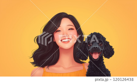 Smiling woman with a dog against a vibrant yellow background 120126438