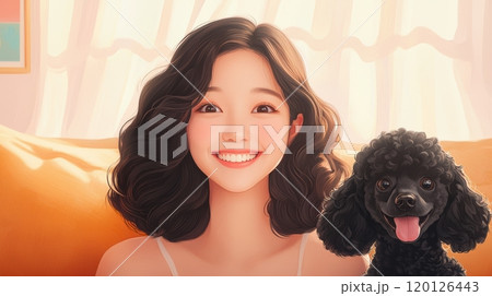 Smiling woman with curly hair and a poodle dog, cozy setting. 120126443