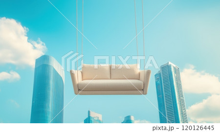 Sofa hanging in the sky, modern urban skyline backdrop. 120126445