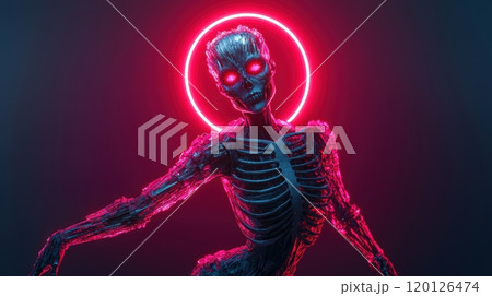 Stylized skeleton figure with neon accents and glowing halo. 120126474