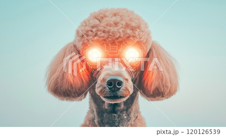 A futuristic poodle with glowing eyes, isolated background. 120126539