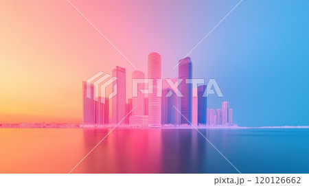 Colorful urban skyline with tranquil water reflection. 120126662