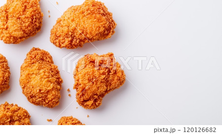 Crispy fried chicken pieces on a white isolate background. 120126682