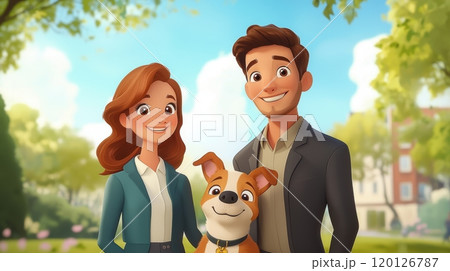 Happy couple with dog, smiling in a park setting. 120126787