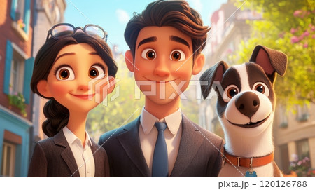 Happy couple with dog outdoors in animated style portrait. 120126788