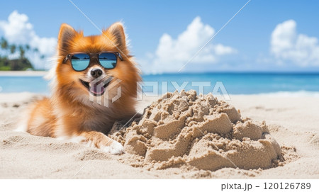 Happy dog in sunglasses relaxing on beach sand 120126789