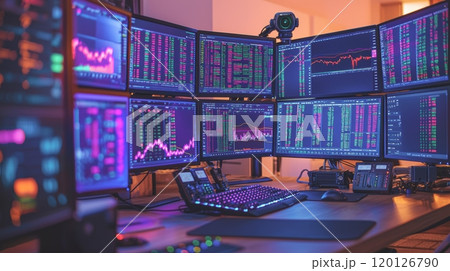 High-tech trading desk with multiple monitors displaying data. 120126790