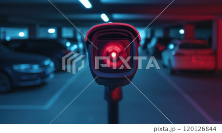 Parking lot security camera with red light, blue background. Parking lot security camera with red light, blue background. 120126844