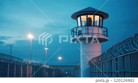 Prison guard tower and fence under a night sky. 120126902