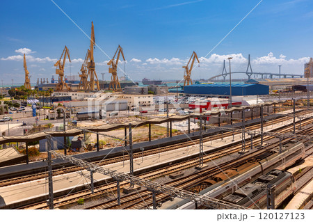 Cadiz Port Industrial Area with Cranes and Railway Tracks, Cadiz, Spain Cadiz Port Industrial Area with Cranes and Railway Tracks, Cadiz, Spain 120127123