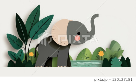 A cute, stylized elephant stands amid vibrant foliage and a serene pond A cute, stylized elephant stands amid vibrant foliage and a serene pond 120127181
