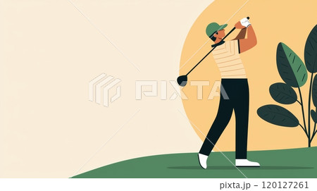A golfer swings a club against a soft backdrop 120127261