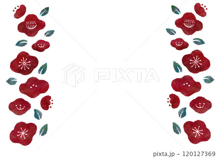 手描きの椿の花の和風フレーム背景イラスト 120127369