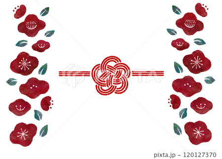 梅結びの水引と椿の装飾のかわいい和風イメージイラスト 120127370