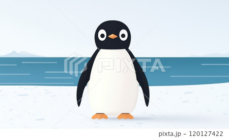 A cute cartoon penguin stands on a snowy landscape with a calm ocean in the background 120127422
