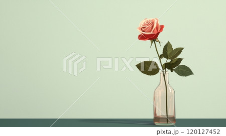 A single pink rose in a clear bottle against a minimalist green background 120127452