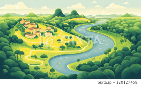 A serene landscape featuring a winding river, lush greenery, and a quaint village nestled among hills under a bright sky. 120127459